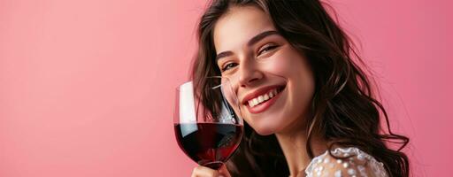 AI generated happy girl celebrating with red wine on pink background photo