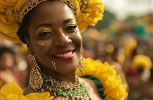 ai generado retrato de hermosa mujer sonriente a cámara en carnaval día samba evento foto