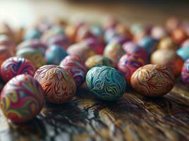 AI generated many colorful easter eggs set on a table, photo