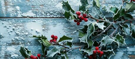 AI generated holly branches and snow covered trees on a wooden surface photo