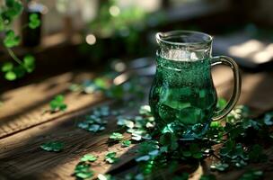 AI generated in a glass pitcher, a shamrock beer is sitting next to a couple of clover leaves photo