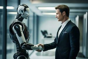 AI generated Businessman and robot shaking hands in modern office. Business concept. photo