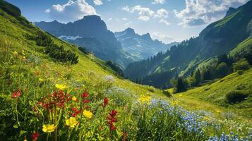 AI generated Colorful meadow with wildflowers and mountains in the background photo