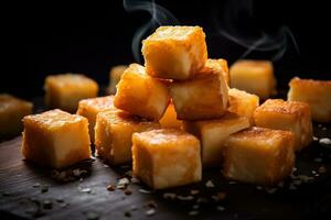 AI generated Close-up of a plate of yellow cheese cubes. photo