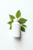 AI generated Blank cosmetic bottle with green leaves on white background photo