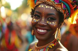 ai generado retrato de hermosa mujer sonriente a cámara en carnaval día samba evento foto