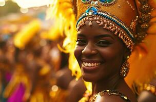 ai generado retrato de hermosa mujer sonriente a cámara en carnaval día samba evento foto