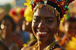 ai generado retrato de hermosa mujer sonriente a cámara en carnaval día samba evento foto