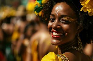 ai generado retrato de hermosa mujer sonriente a cámara en carnaval día samba evento foto