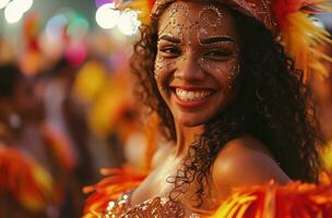 ai generado retrato de hermosa mujer sonriente a cámara en carnaval día samba evento foto