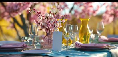 AI generated place cards, vases, and plates are placed near an outdoor table photo