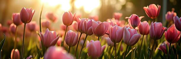 AI generated pink tulips with warm sunshine at sunrise backgrounds background design photo