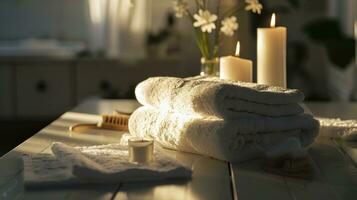 AI generated spa table full of towels and white candles photo