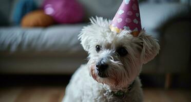 ai generado pequeño blanco perro vistiendo cumpleaños sombrero foto