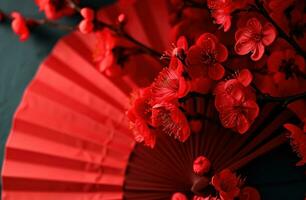 AI generated red paper fan with red blooms, easter photo