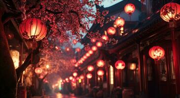 AI generated red lantern hanging from the street at night photo