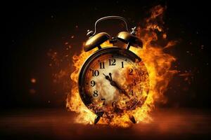 AI generated Alarm clock on fire background. Time is running out concept. photo