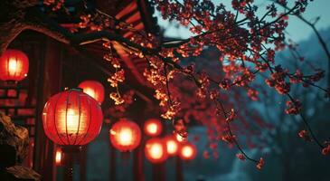 AI generated red lantern hanging from the street at night photo