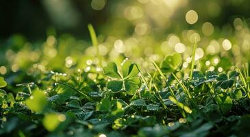 AI generated shamrocks on the grass on a sunny background photo