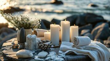 AI generated spa table full of towels and white candles photo