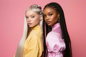 AI generated fashionable Two young multiracial women posing together isolated on pink background photo