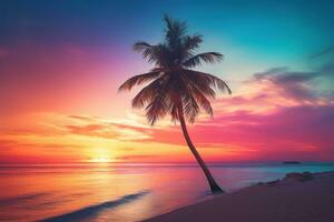 AI generated Beautiful nature tropical beach and sea with coconut palm tree at sunset time for travel and vacation photo