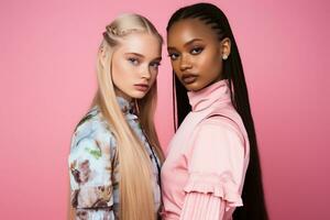 AI generated fashionable Two young multiracial women posing together isolated on pink background photo