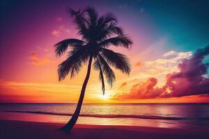 AI generated Beautiful nature tropical beach and sea with coconut palm tree at sunset time for travel and vacation photo