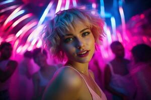 AI generated Portrait of a beautiful girl with short hair dancing in a nightclub photo