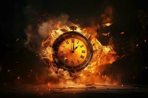 AI generated Alarm clock on fire background. Time is running out concept. photo