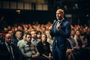 AI generated Speaker Giving a Talk at Business Conference. Audience at the conference hall. Business and Entrepreneurship. photo