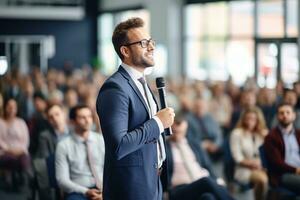 AI generated Speaker Giving a Talk at Business Conference. Audience at the conference hall. Business and Entrepreneurship. photo