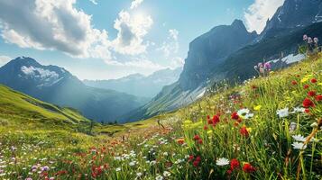 AI generated Colorful meadow with wildflowers and mountains in the background photo