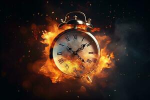 AI generated Alarm clock on fire background. Time is running out concept. photo