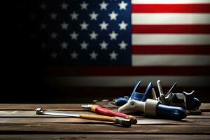 AI generated tools on a wooden table against the background of the American flag photo