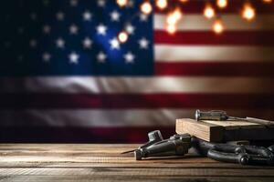 AI generated tools on a wooden table against the background of the American flag photo