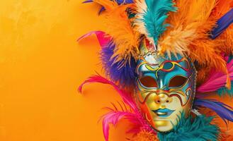 AI generated colorful mask on orange background with colorful feathers photo