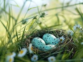 AI generated easter eggs nest sitting among tall grass and flowers photo