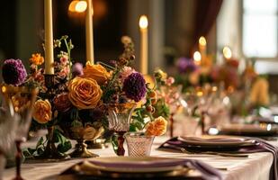 AI generated colorful wedding table settings with candles photo