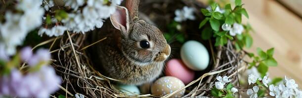 AI generated easter bunny nest with easter eggs and blossoms photo