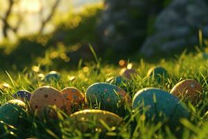 ai generado Pascua de Resurrección huevos en el césped antecedentes foto