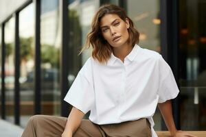 ai generado retrato de un hermosa joven mujer vistiendo blanco camisa foto