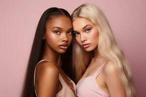 ai generado de moda dos joven multirracial mujer posando juntos aislado en rosado antecedentes foto