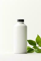 AI generated Blank cosmetic bottle with green leaves on white background photo