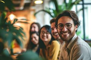 AI generated Group of business people having a meeting at creative office photo