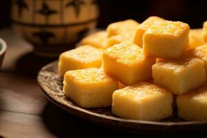 AI generated Close-up of a plate of yellow cheese cubes. photo