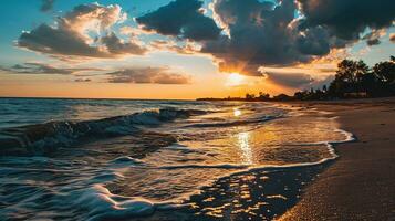 ai generado hermosa puesta de sol en el playa. mar olas y salpicaduras foto