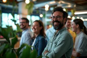 ai generado grupo de negocio personas teniendo un reunión a creativo oficina foto