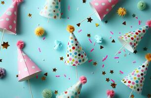 AI generated party props, party hats and decorations on blue background photo