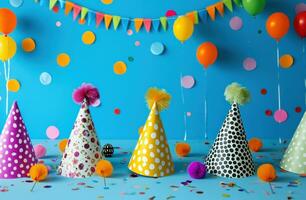 AI generated party props, party hats and decorations on blue background photo